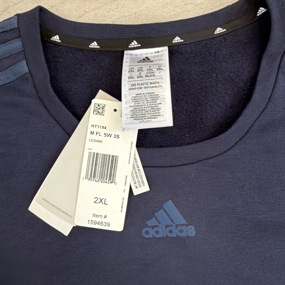Adidas Sweatshirt Mens 2XL XXL Blue Striped Long Sleeve Crewneck Pullover NWT